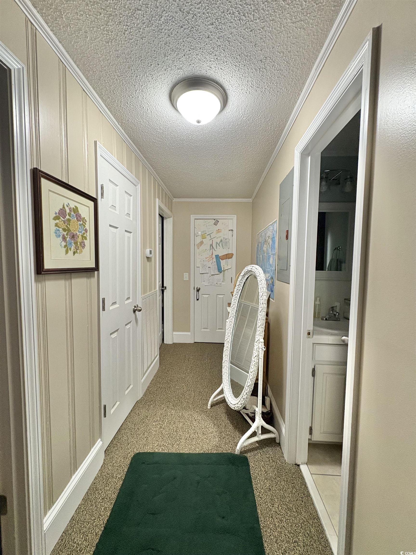 520-526 Boundary Avenue Murrells Inlet, SC 29576 - Photo 19 of 38 Hallway featuring ornamental molding, a textured ceiling, and light colored carpet
