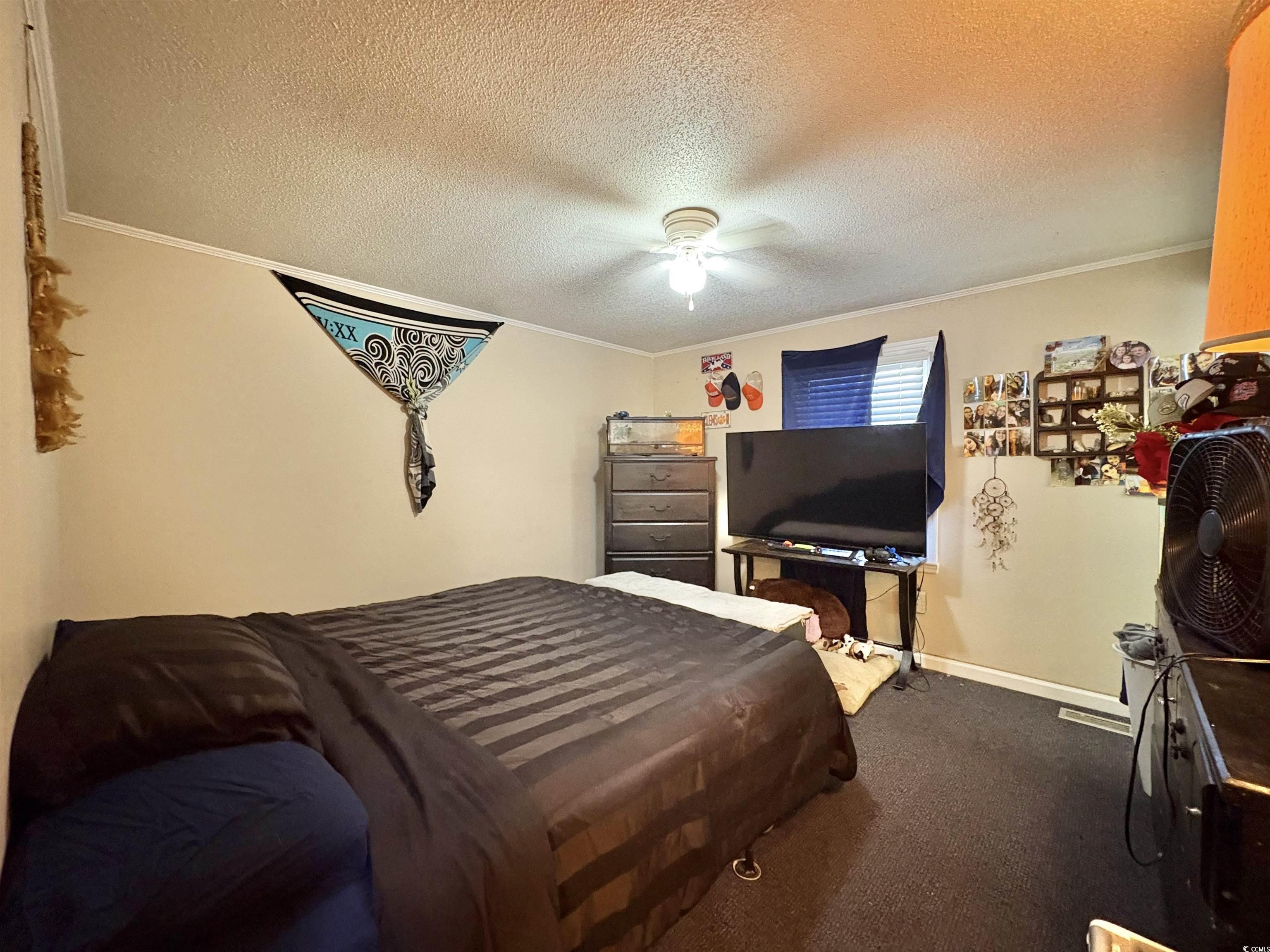 520-526 Boundary Avenue Murrells Inlet, SC 29576 - Photo 26 of 38 Carpeted bedroom featuring a textured ceiling, crown molding, and ceiling fan
