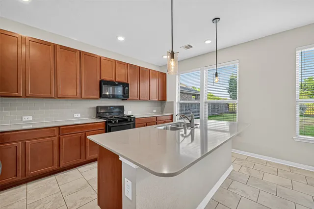 a kitchen with a sink a counter top space cabinets and stainless steel appliances