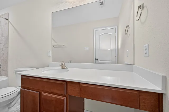 a bathroom with a sink a toilet and vanity