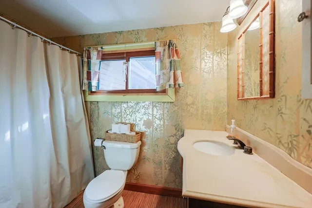 a bathroom with a sink a toilet a mirror a vanity and shower