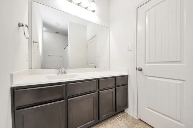 a bathroom with a sink and a mirror