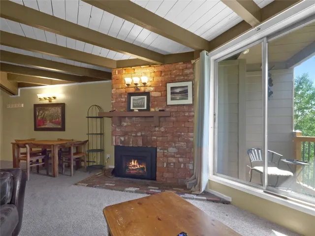 a living room with furniture a fireplace and a floor to ceiling window