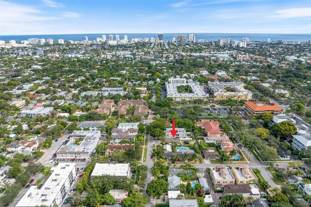 an aerial view of residential houses with city view