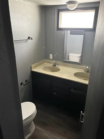 a bathroom with a sink a toilet and mirror