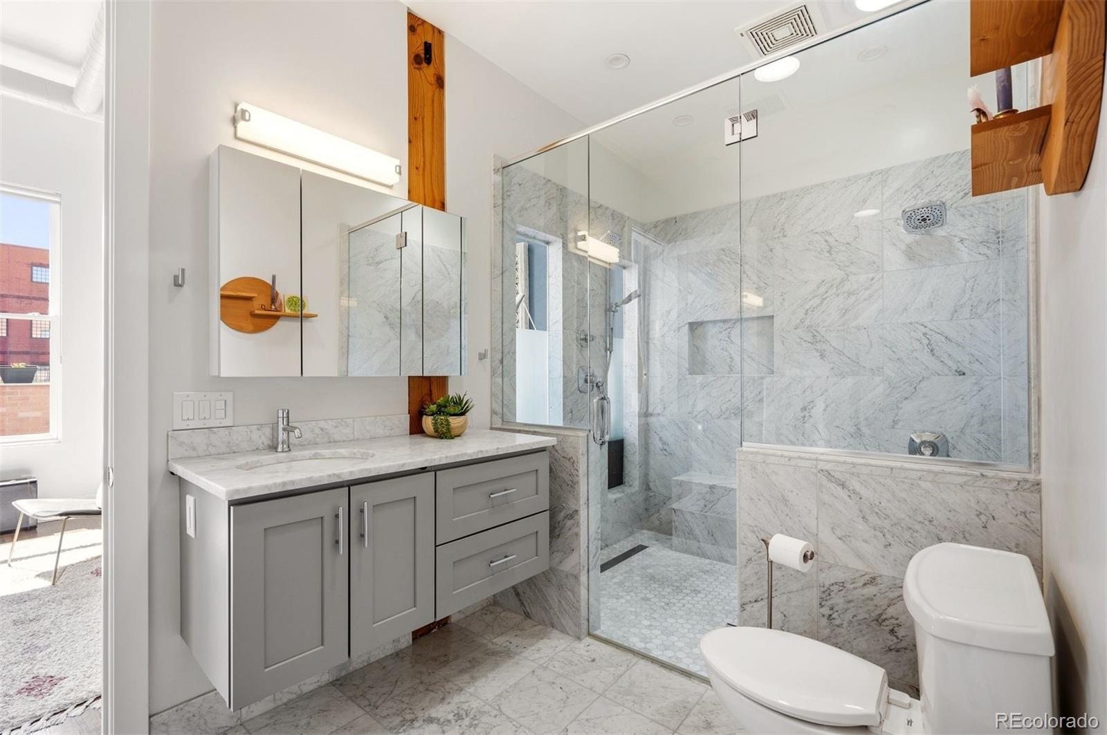 1501 Wazee Street, Unit 4B Denver, CO 80202 - Photo 10 of 49 a bathroom with a sink toilet a mirror and shower