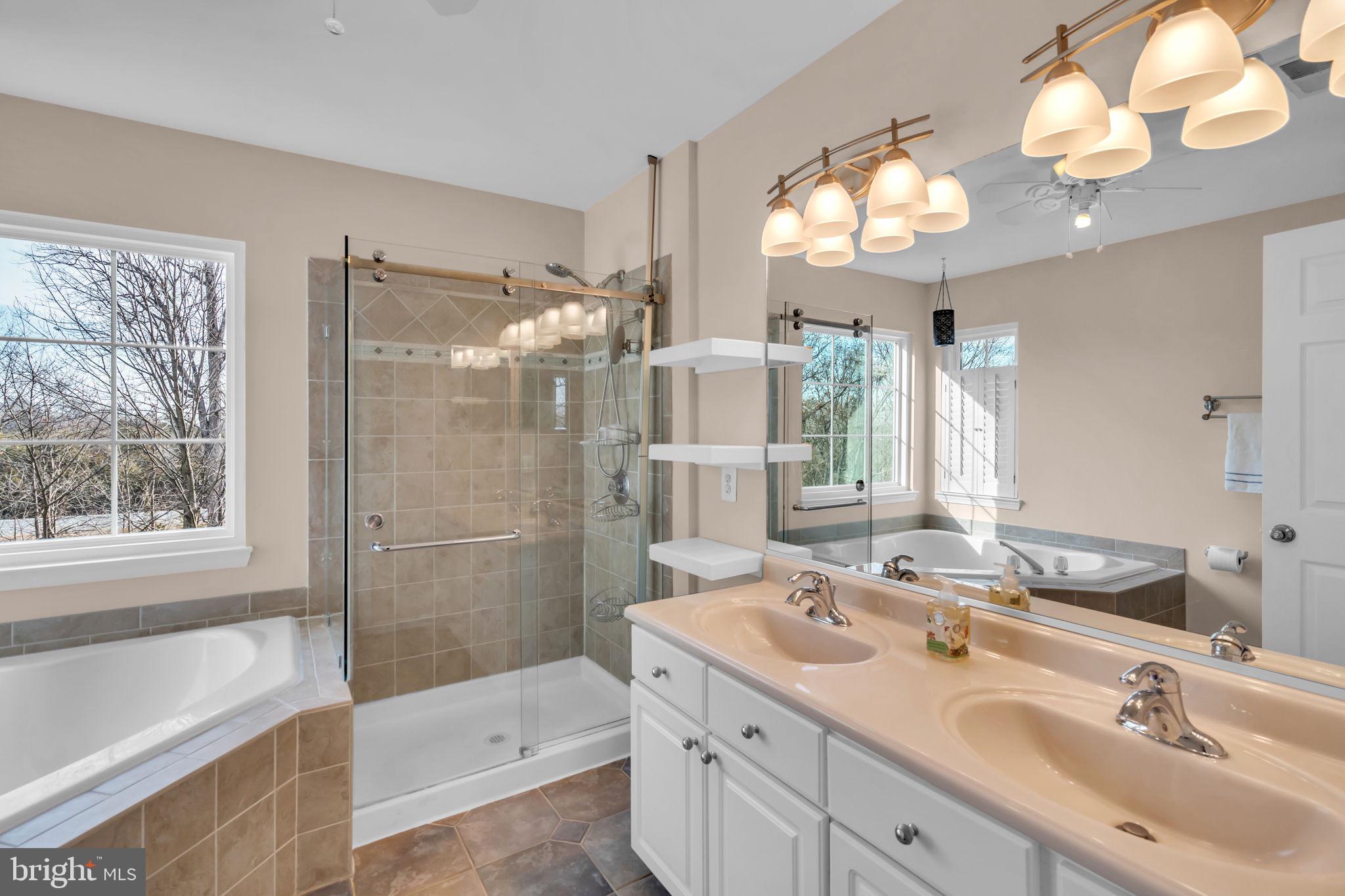 21644 Frame Square Broadlands, VA 20148 - Photo 21 of 38 a bathroom with a sink double vanity granite tub and a mirror