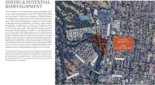 an aerial view of a building with a yard