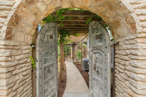a garden view with a seating space