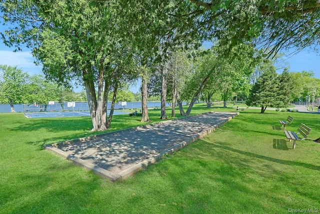 a view of a backyard with large trees