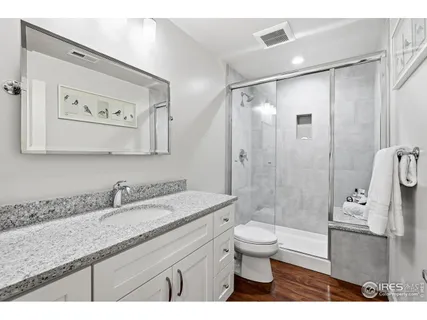 a bathroom with a granite countertop sink a toilet and a shower