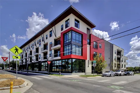 a front view of building with street