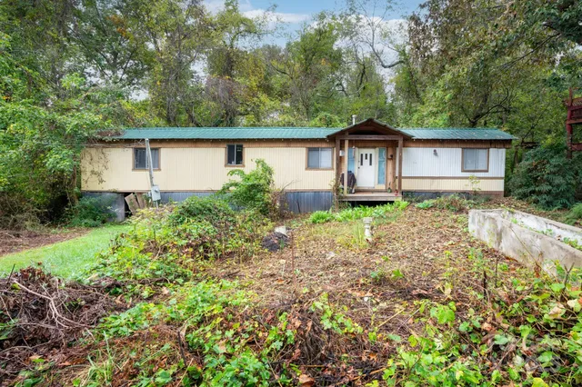 a backyard of a house with plants and large trees