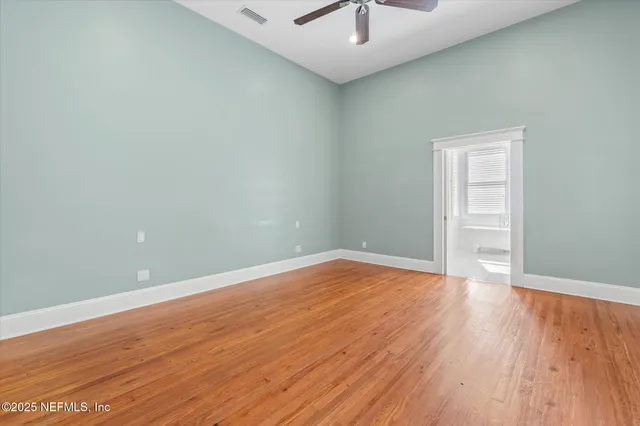 a view of a garden with plants and large trees