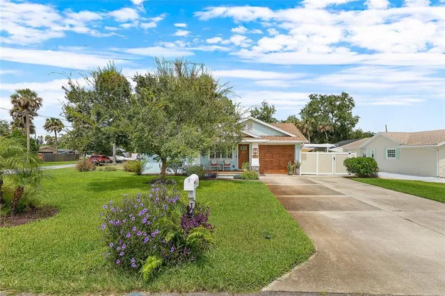 a view of a garden with a house