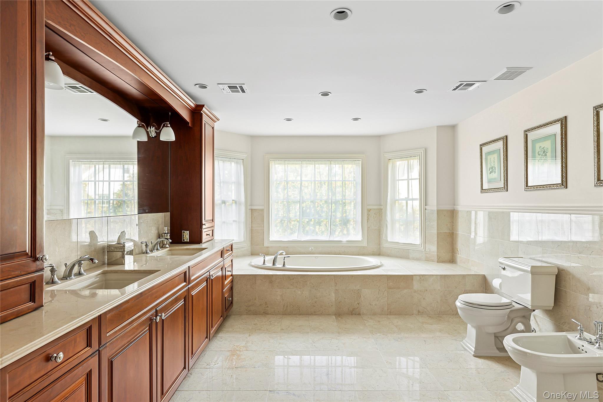 1270 Plandome Road Manhasset, NY 11030 - Photo 12 of 23 a spacious bathroom with a double vanity sink a large mirror and a bathtub