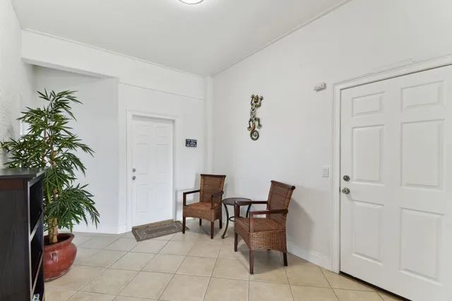 a living room with furniture and a potted plant