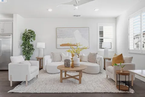 a living room with furniture a table and a potted plant