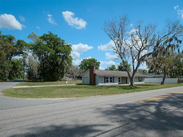 a view of large trees in front of a house