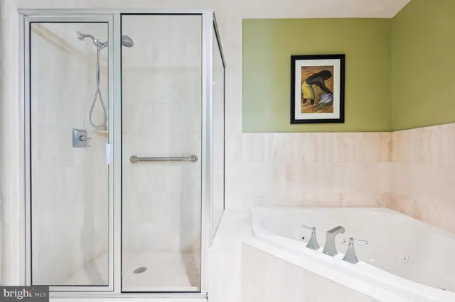 a bathroom with a bathtub and a shower