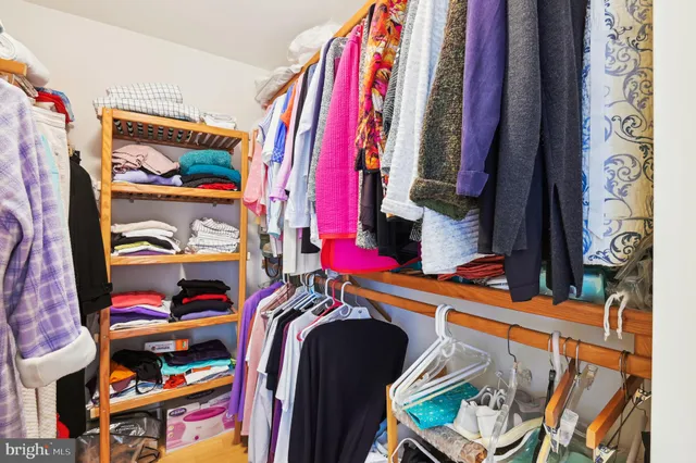 a view of walk in closet with clothes and shoes