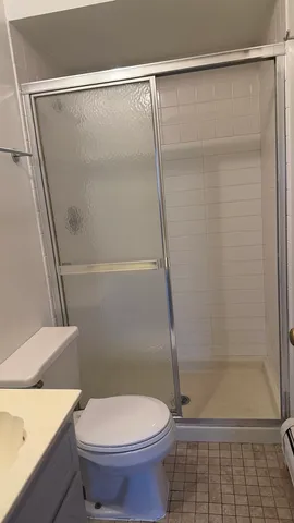 a bathroom with a shower and a toilet