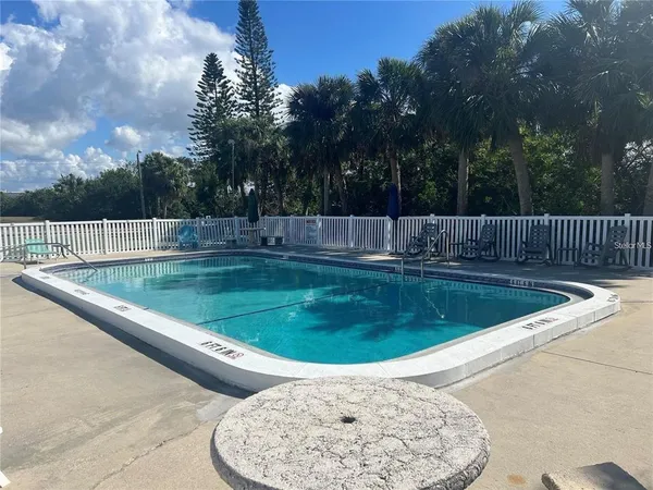 a view of a swimming pool with lawn chairs and plants