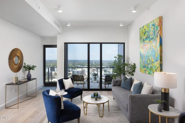 a living room with furniture and a potted plant