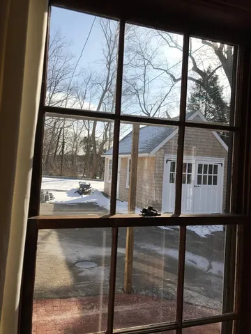 a view of swimming pool from a window