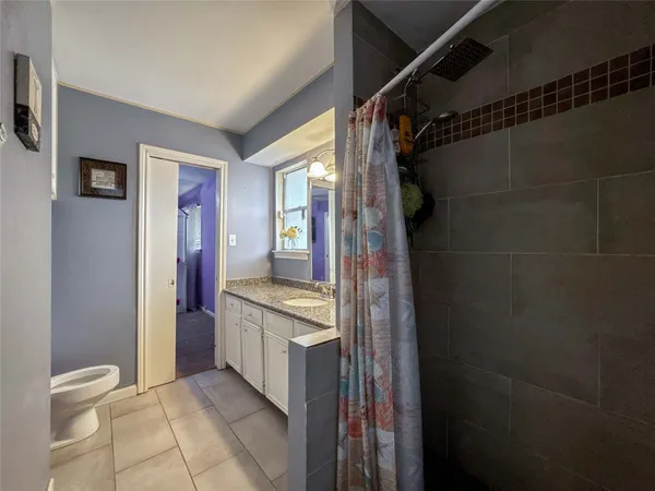 a bathroom with a granite countertop sink a toilet and shower