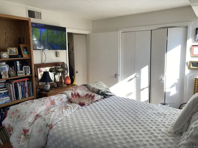 a bedroom with a bed a large window and walk in closet