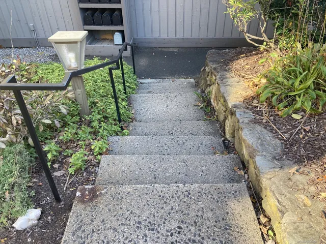 a garden with a table and a chairs