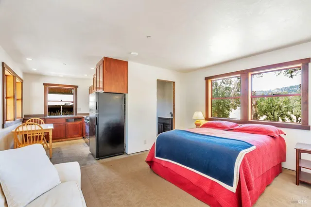 a bedroom with a bed and a couch