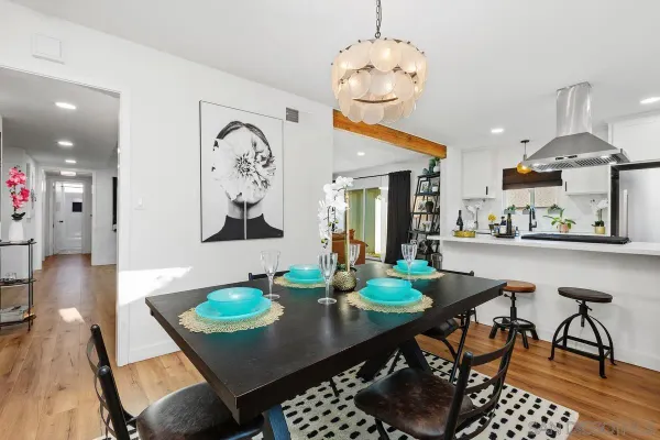 a view of a dining room with furniture