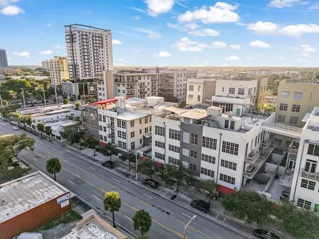 a view of a city with tall buildings