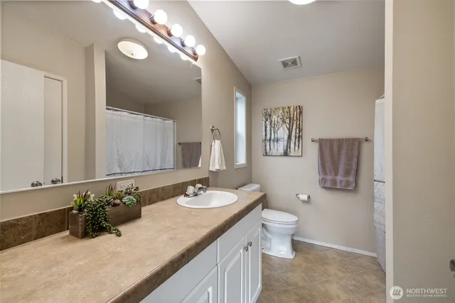 a bathroom with a double vanity sink toilet and a mirror