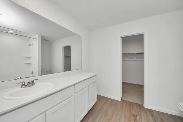 a bathroom with a sink and a mirror