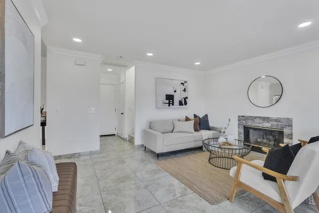 a living room with furniture and a potted plant