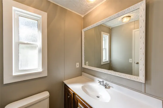 a bathroom with a sink a toilet and a mirror