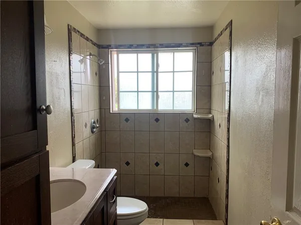 a bathroom with a sink a toilet and shower