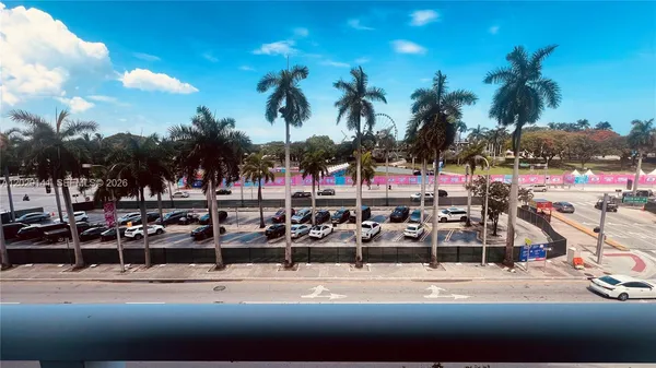 a row of palm trees and ocean view