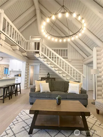 a view of a dining room with furniture