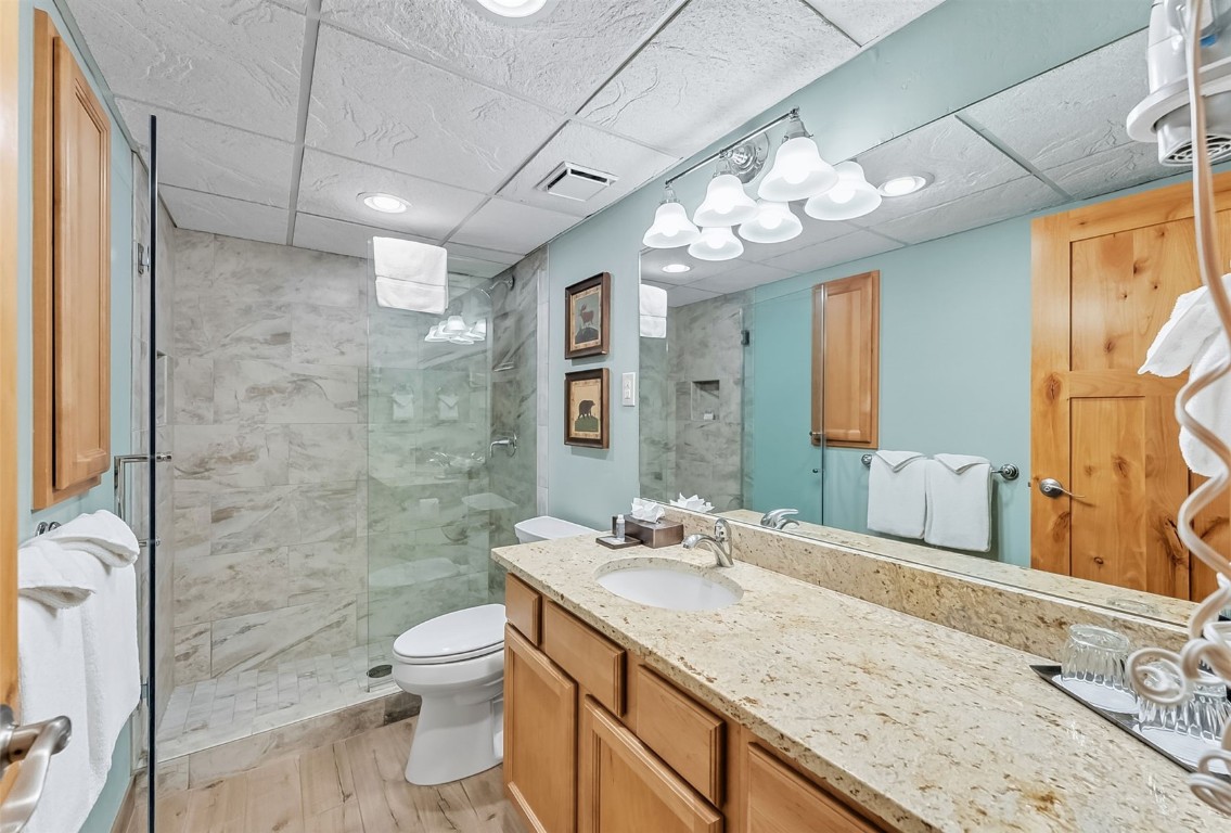 601 Village Road, Unit 501 Breckenridge, CO 80424 - Photo 29 of 50 a bathroom with a granite countertop sink a toilet a mirror and shower
