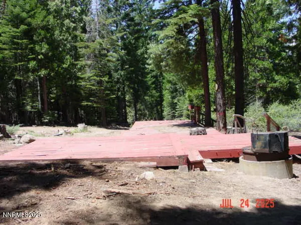 a view of a backyard with large trees and a barn