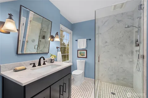 a bathroom with a sink a toilet a shower and a mirror