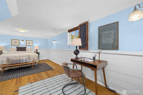 a bedroom with bed and a table