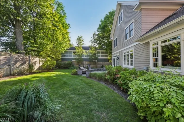 a view of a backyard with plants and large trees