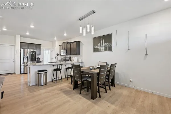 a view of kitchen with sink microwave and dining table
