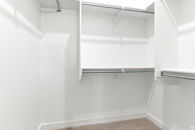 7243 West Terraine Road West Jordan, UT 84081 - Photo 16 of 31 Built-in closet system with white shelving, multiple hanging rods, and light-colored carpeting