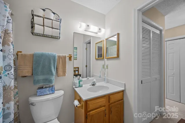 a bathroom with a sink mirror vanity and toilet
